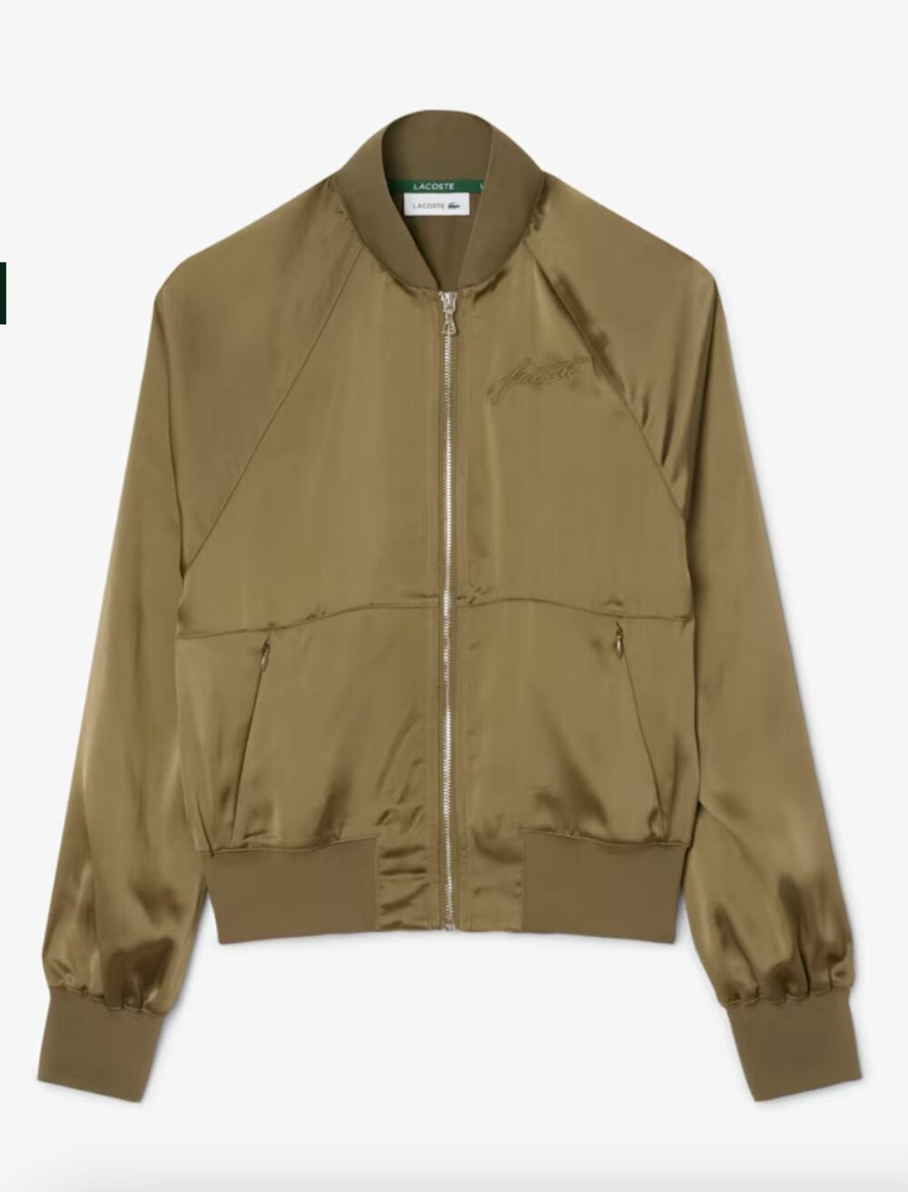 Lacoste Oversized Embroidered Signature Satin Bomber Jacket Army Green 38